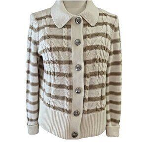 Talbots Women's Cable Stitch Cardigan Sweater Size SP Beige Stripe Fisherman